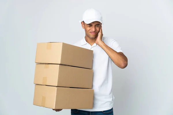 Lieferung Brasilianischer Mann Isoliert Auf Weißem Hintergrund Frustriert Und Ohren — Stockfoto