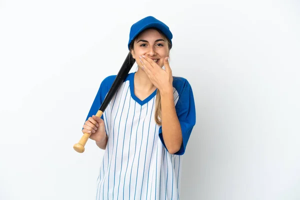 Giovane Donna Caucasica Che Gioca Baseball Isolato Sfondo Bianco Felice — Foto Stock