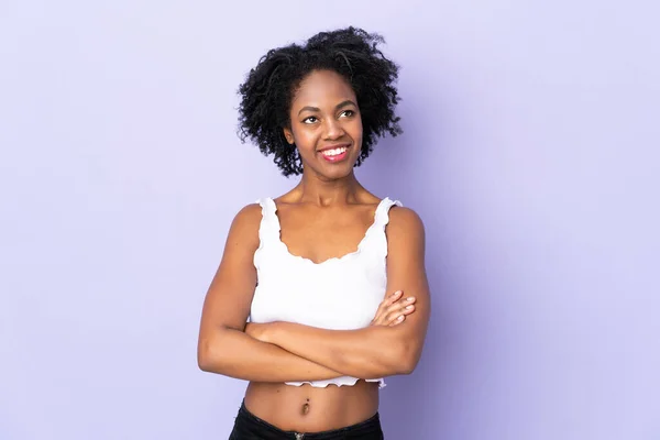 Young African American Woman Isolated Purple Background Looking While Smiling — Stock Photo, Image