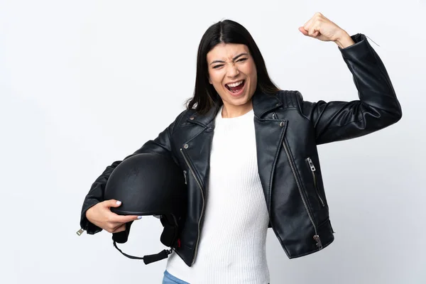 Jonge Vrouw Met Een Motorhelm Geïsoleerde Witte Achtergrond Vieren Van — Stockfoto