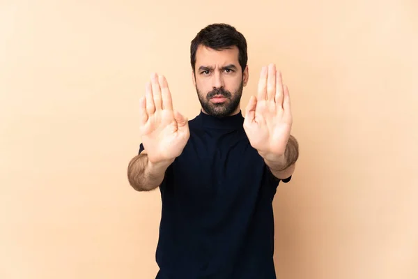 Caucasian Handsome Man Isolated Background Making Stop Gesture Disappointed — Stock Photo, Image