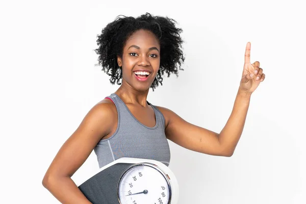 Young African American Woman Isolated White Background Weighing Machine — Stock Photo, Image