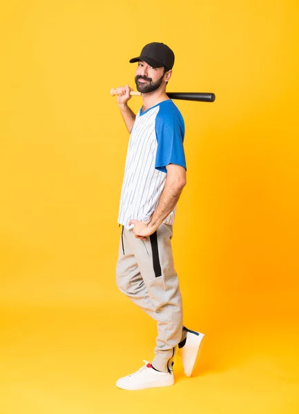 Full Length Shot Man Playing Baseball Isolated Yellow Background — Stock Photo, Image