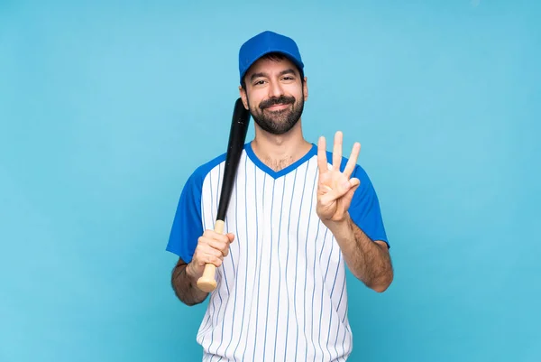 Young Man Playing Baseball Isolated Blue Background Happy Counting Three — Stock Photo, Image