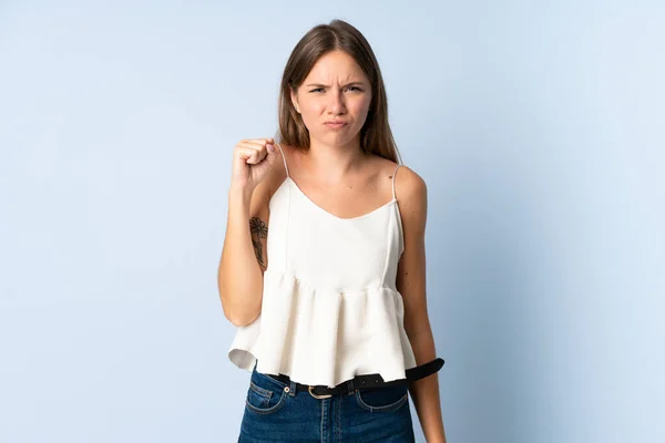 Young Lithuanian Woman Isolated Blue Background Unhappy Expression — Stock Photo, Image