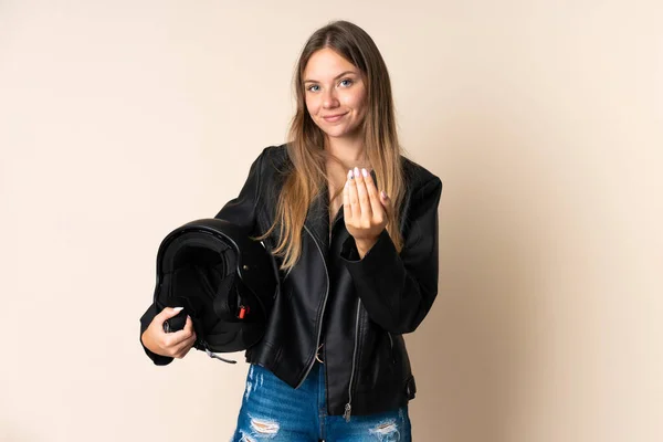 Young Lithuanian Woman Holding Motorcycle Helmet Isolated Beige Background Inviting — ストック写真