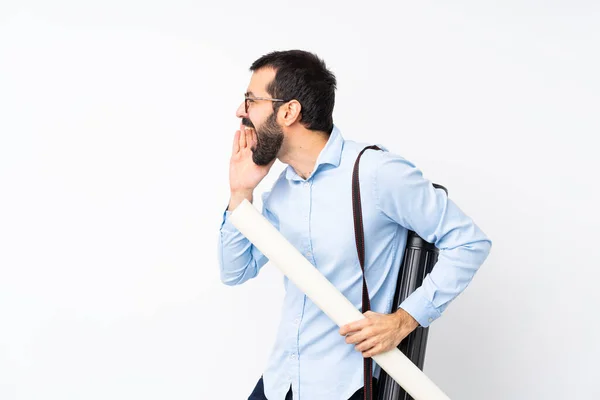 Young Architect Man Beard Isolated White Background Shouting Mouth Wide — Stock Photo, Image