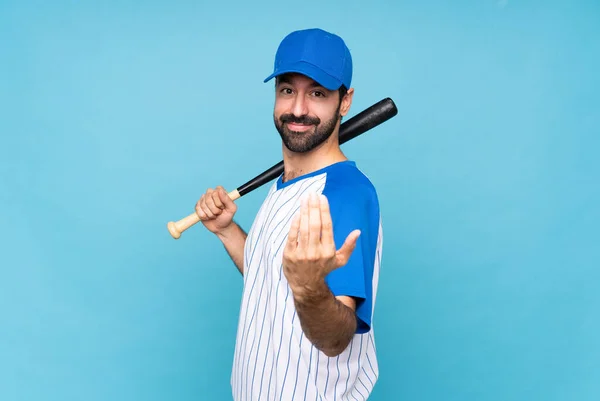 Young Man Playing Baseball Isolated Blue Background Inviting Come Hand — Stock Photo, Image