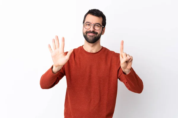 Blanke Knappe Man Met Baard Geïsoleerde Witte Achtergrond Tellen Zes — Stockfoto