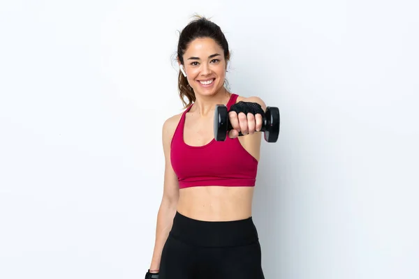 Esporte Mulher Sobre Isolado Fundo Branco Fazendo Levantamento Peso — Fotografia de Stock