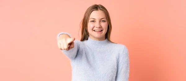 Teenager Ukrainian Girl Isolated Pink Background Surprised Pointing Front — Stock Photo, Image