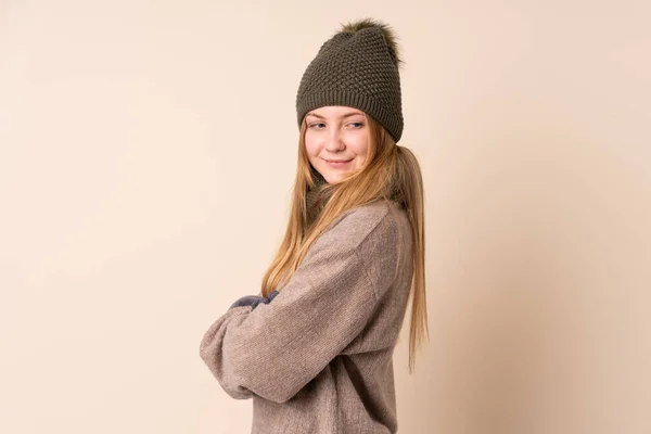 Teenager Ukrainian Girl Winter Hat Isolated Beige Background Laughing — Stock Photo, Image