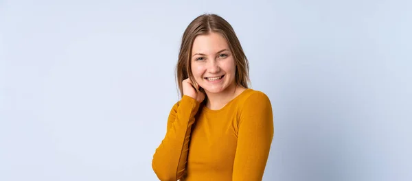 Teenager Ukrainian Girl Isolated Blue Background Laughing — Stock Photo, Image