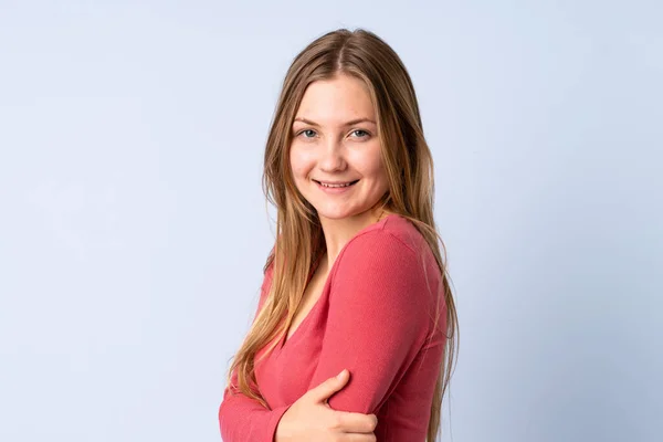 Teenager Ukrainian Girl Isolated Blue Background Laughing — Stock Photo, Image