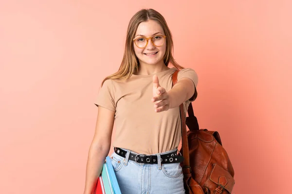 Adolescente Ucraniano Estudiante Chica Aislado Rosa Fondo Apretón Manos Después — Foto de Stock