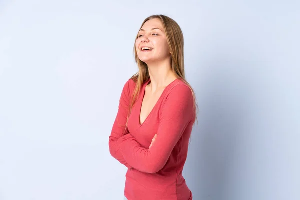 Tonåring Ukrainska Flicka Isolerad Blå Bakgrund Glad Och Leende — Stockfoto