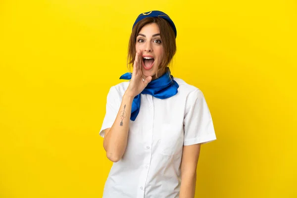 Airplane Stewardess Woman Isolated Yellow Background Shouting Mouth Wide Open — Stock Photo, Image