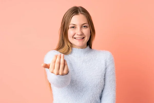 Teenager Ukrainian Girl Isolated Pink Background Inviting Come Hand Happy — Stock Photo, Image