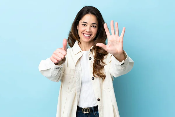 Woman Isolated Background Counting Six Fingers — 图库照片