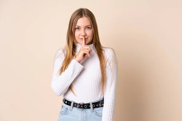 Tonåring Ukrainska Flicka Isolerad Beige Bakgrund Visar Ett Tecken Tystnad — Stockfoto