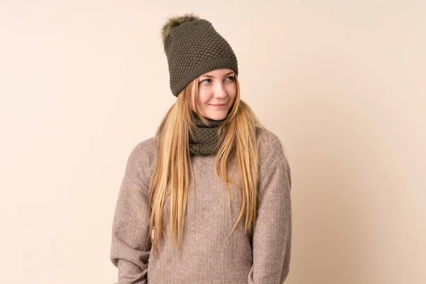 Teenager Ukrainian Girl Winter Hat Isolated Beige Background Standing Looking — Stock Photo, Image