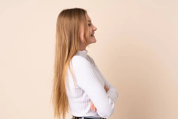 Teenager Ukrainian Girl Isolated Beige Background Lateral Position — Stock Photo, Image