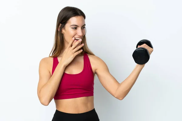 Sport Woman Making Weightlifting Isolated White Background Surprise Shocked Facial — Stock Photo, Image