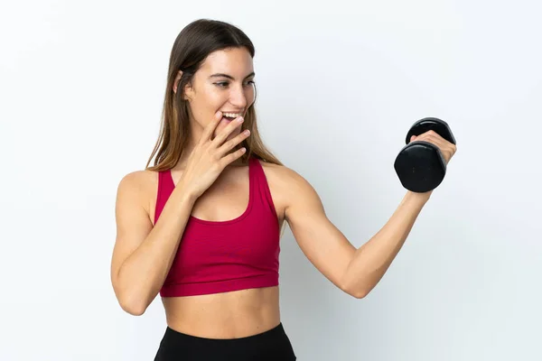 Esporte Mulher Fazendo Levantamento Peso Isolado Fundo Branco Com Surpresa — Fotografia de Stock