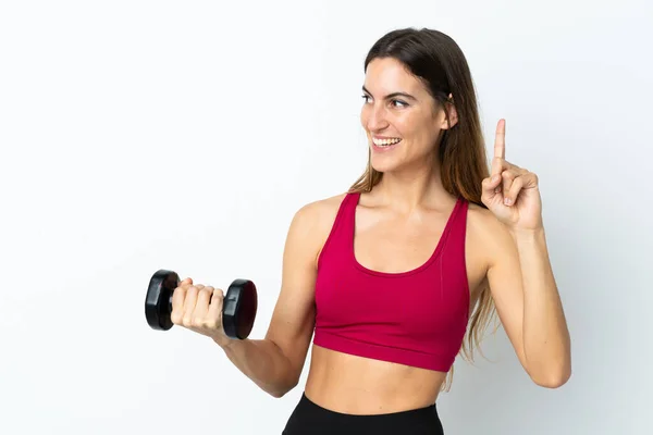 Mujer Deportiva Haciendo Levantamiento Pesas Aislado Sobre Fondo Blanco Con — Foto de Stock