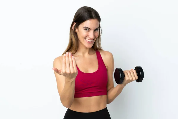 Mujer Deportiva Haciendo Levantamiento Pesas Aislado Sobre Fondo Blanco Invitando —  Fotos de Stock