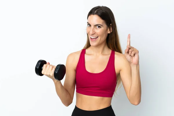 Sport Woman Making Weightlifting Isolated White Background Pointing Great Idea — ストック写真