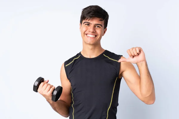Sport Man Making Weightlifting Isolated Blue Background Proud Self Satisfied — Stock Photo, Image