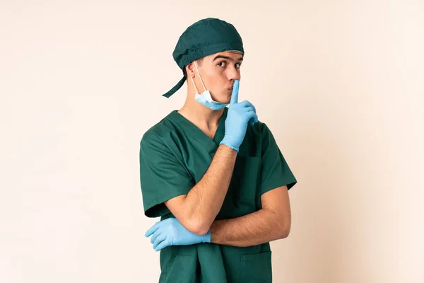 Cirujano Uniforme Azul Sobre Fondo Aislado Haciendo Gesto Silencio — Foto de Stock