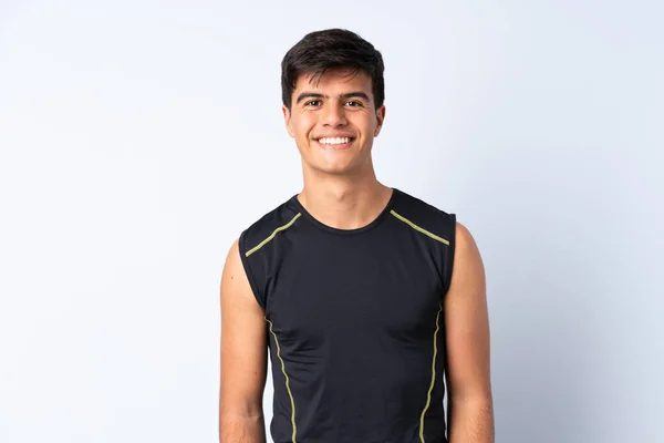 Sport Muž Přes Izolované Modré Pozadí Šťastný Usmívající — Stock fotografie