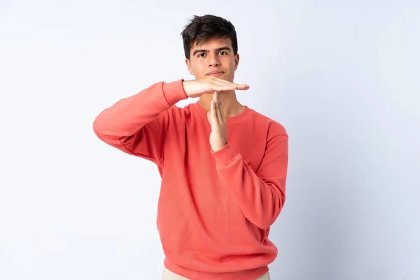 Handsome Man Isolated Blue Background Making Time Out Gesture — Stock Photo, Image