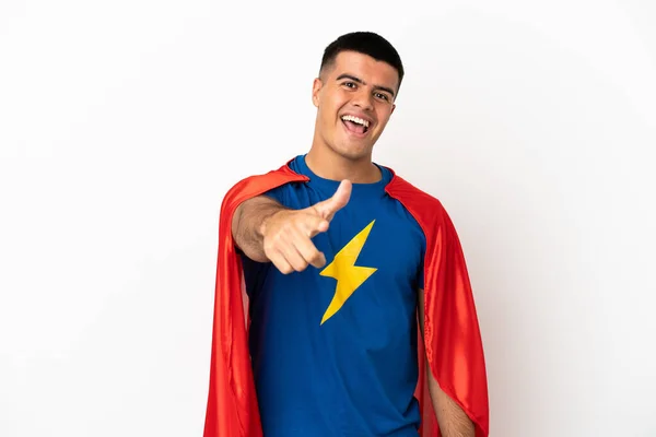 Super Herói Sobre Fundo Branco Isolado Com Polegares Para Cima — Fotografia de Stock