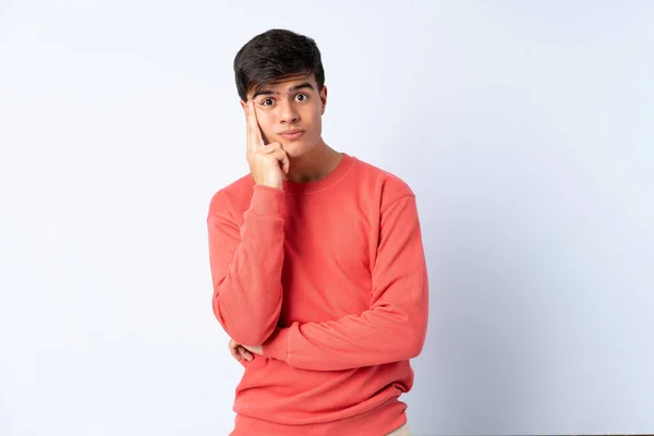 Handsome Man Isolated Blue Background Thinking Idea — Stock Photo, Image