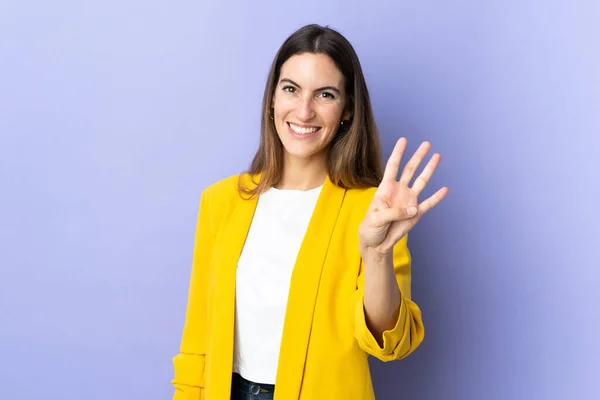 Jonge Kaukasische Vrouw Geïsoleerde Achtergrond Gelukkig Tellen Vier Met Vingers — Stockfoto