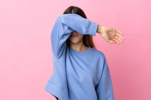 Young Caucasian Woman Isolated Pink Background Covering Eyes Hands — Stock Photo, Image