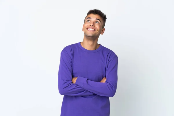 Young Brazilian Man Isolated White Background Looking While Smiling — Stock Photo, Image