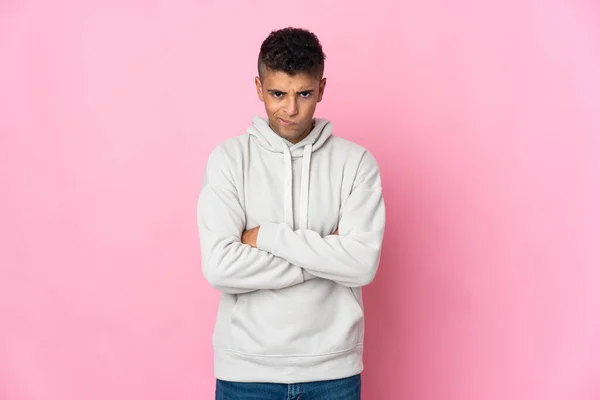 Young Brazilian Man Isolated Pink Background Unhappy Expression — Stock Photo, Image