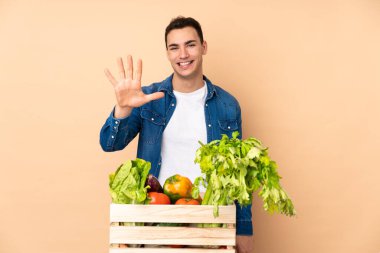 Bej arka planda izole edilmiş bir kutuda taze sebze toplayan çiftçi parmaklarıyla beşi sayıyor.