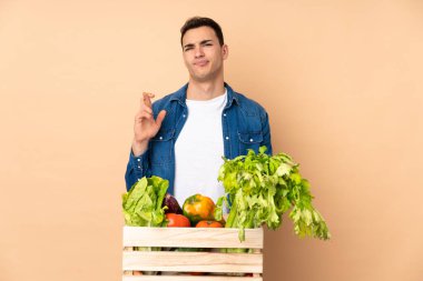 Bej arka planda izole edilmiş bir kutuda taze sebze toplayan çiftçi şans diliyor ve en iyisini diliyor.