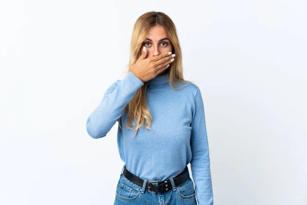 Young Blonde Uruguayan Woman Isolated Background Covering Mouth Hand — Stock Photo, Image