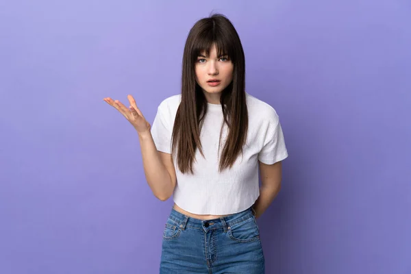 Young Ukrainian Woman Isolated Purple Background Making Doubts Gesture — Stock Photo, Image