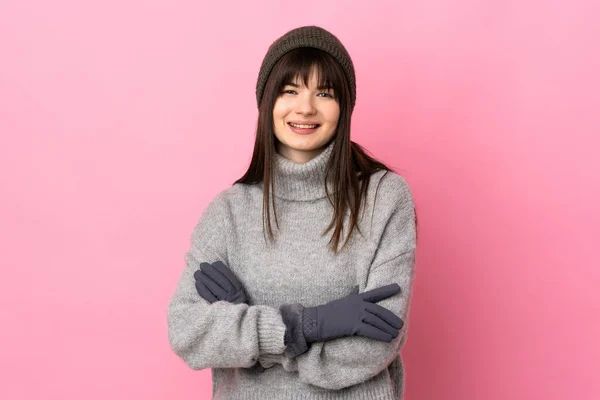 Adolescente Ucraniana Com Chapéu Inverno Isolado Fundo Branco Rindo — Fotografia de Stock