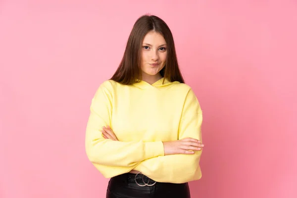 Teenager Caucasian Girl Isolated Pink Background Feeling Upset — Stock Photo, Image