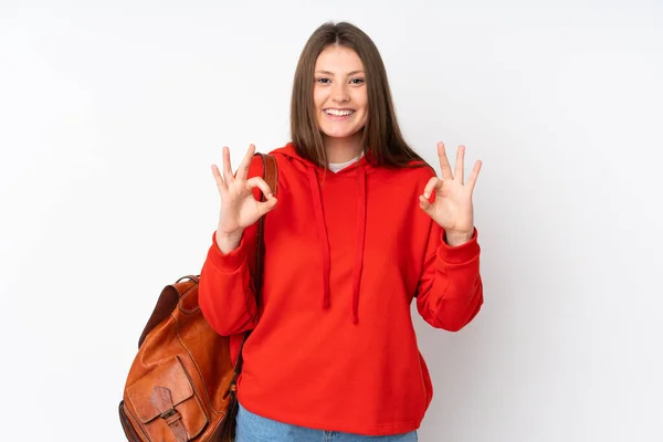 Adolescente Caucasiano Estudante Menina Isolado Fundo Branco Mostrando Sinal Com — Fotografia de Stock