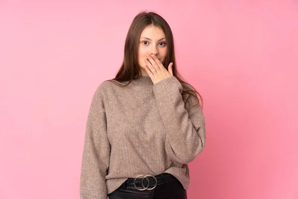 Teenager Caucasian Girl Isolated Pink Background Surprised Shocked While Looking — Stock Photo, Image