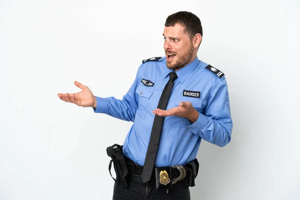 Jonge Politie Braziliaanse Man Geïsoleerd Witte Achtergrond Met Verrassing Uitdrukking — Stockfoto